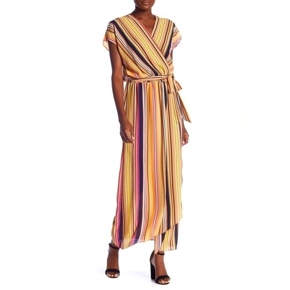 NWT. Nordstrom Eci Short Sleeve Surplice Stripe Waist Tie Maxi Dress. Size Small - Picture 1 of 14